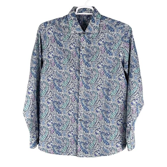 70s Psychedelic Blue Purple Paisley Long Sleeve Mens Button Up Shirt Italy Woven - Picture 10 of 15